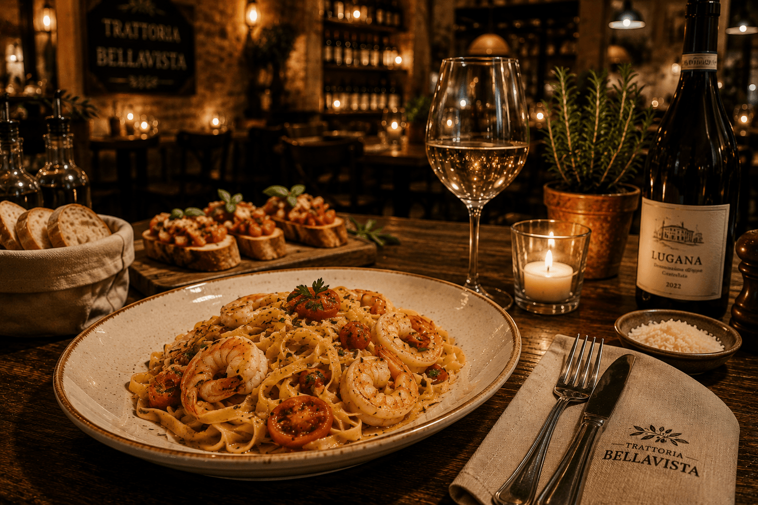 Linguine Frutti di Mare — Linguine with prawns, mussels and cherry tomatoes.