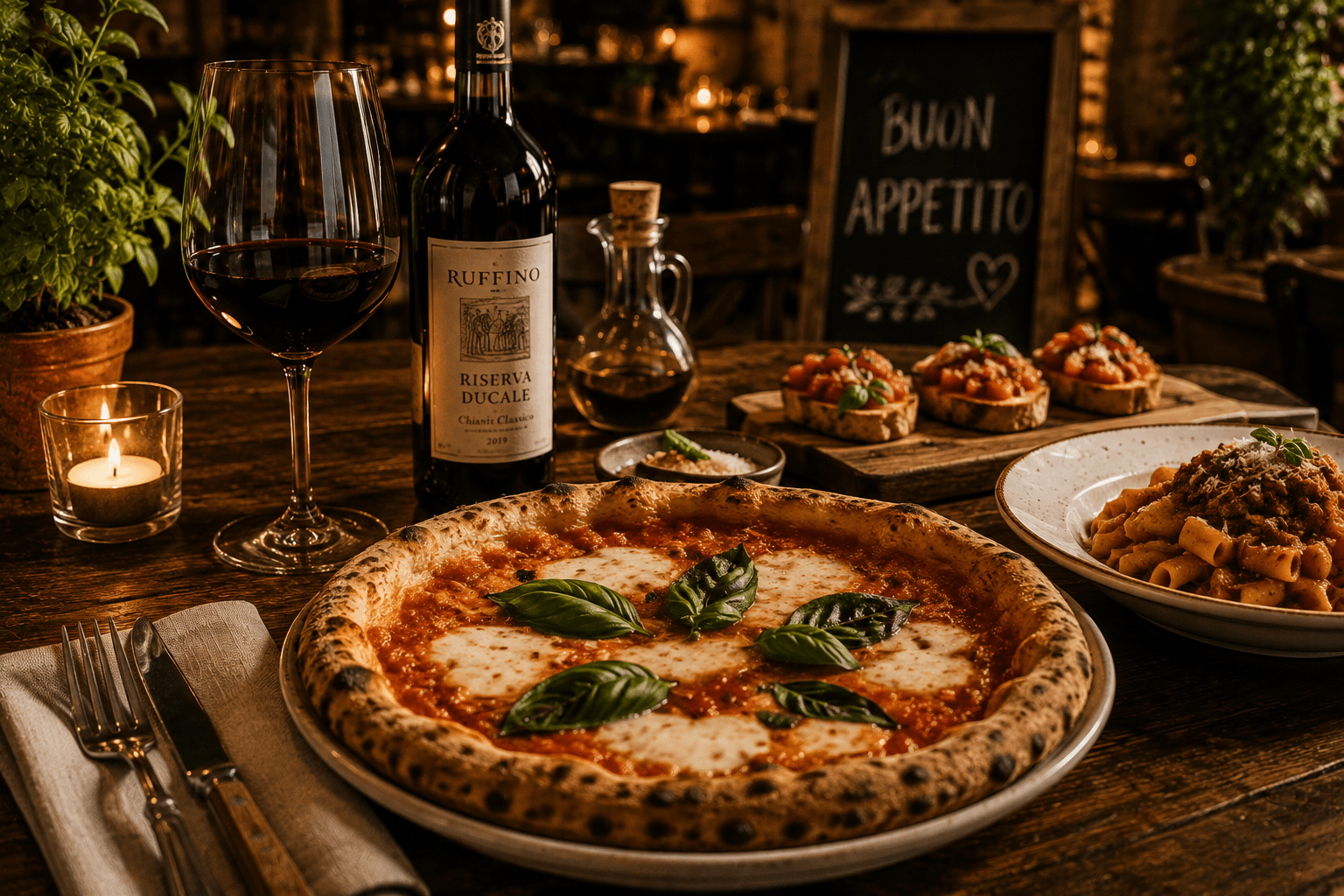 Pizza Margherita — Tomato sauce, mozzarella, basil — straight from the stone oven.