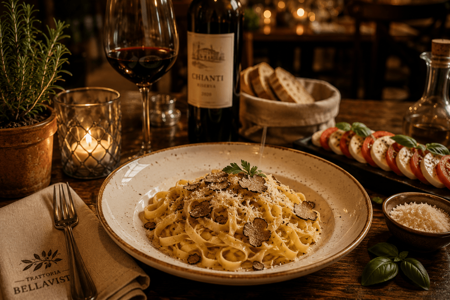Tagliatelle al Tartufo — Fresh tagliatelle with truffle cream and Parmesan.