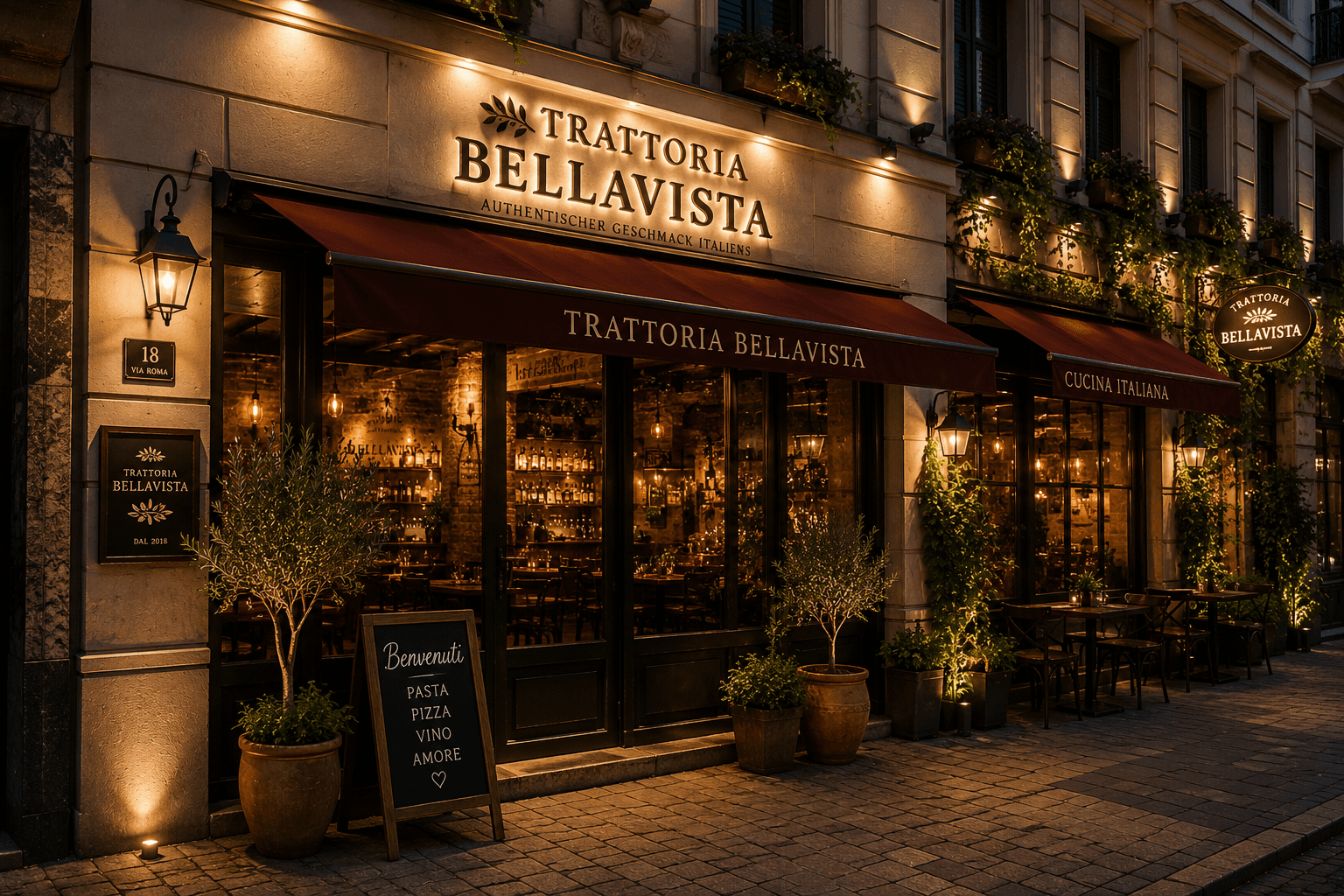 Illuminated facade of Trattoria Bellavista at night with awning and sign