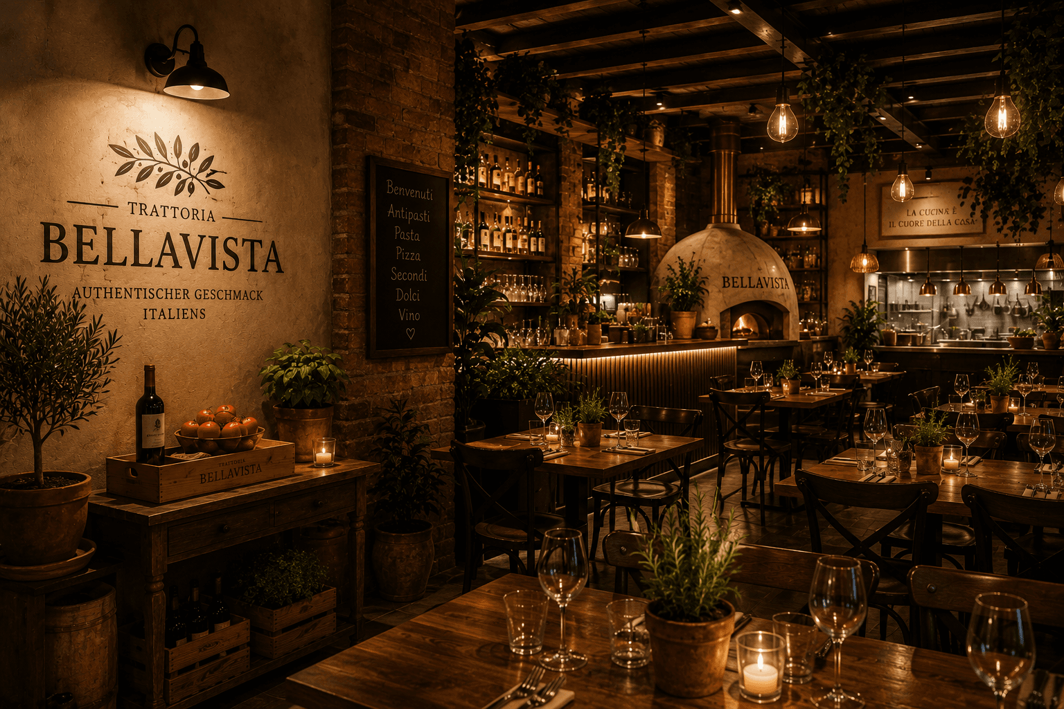 Interior with stone oven, wine shelves and set tables