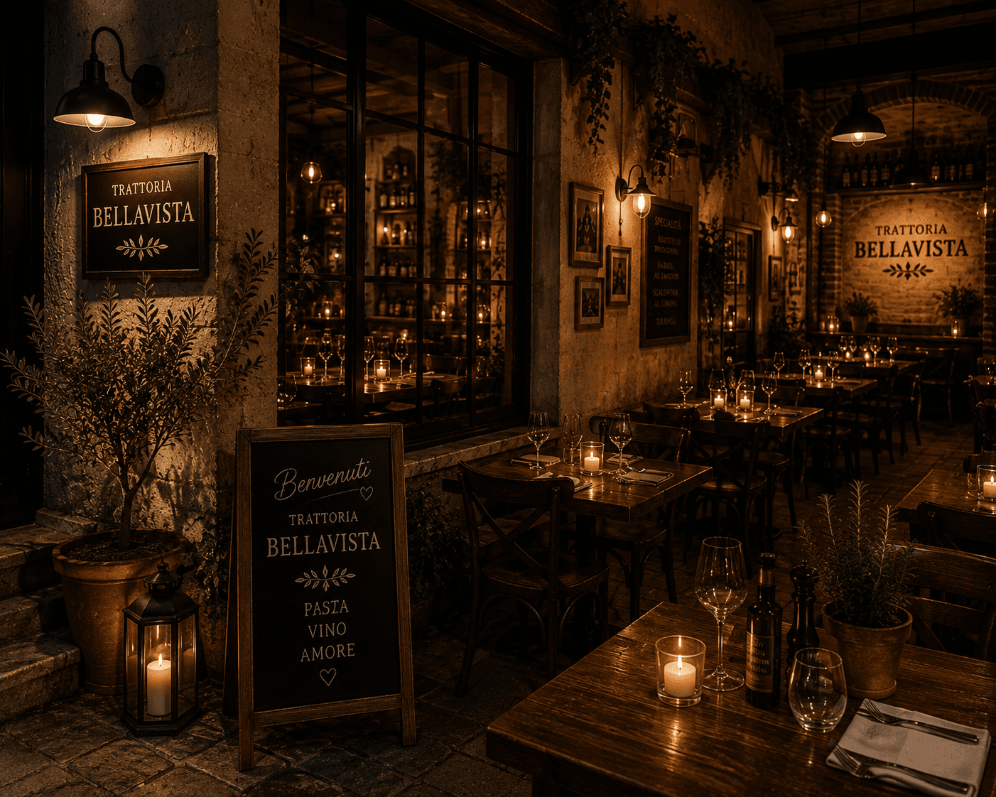 Seating area in the evening, lit by warm candlelight