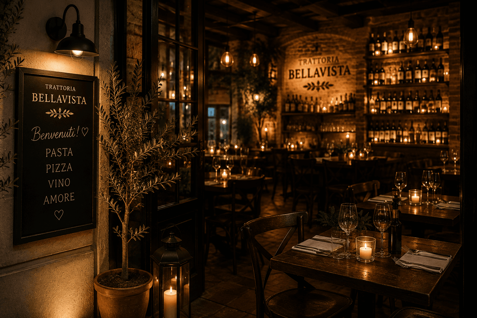Dining room with wine-shelf wall and the Bellavista lettering